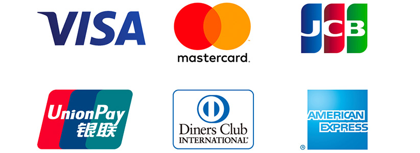 visa、mastercard、JCB、アメリカンエクスプレス、ダイナースクラブ、ユニオンペイ